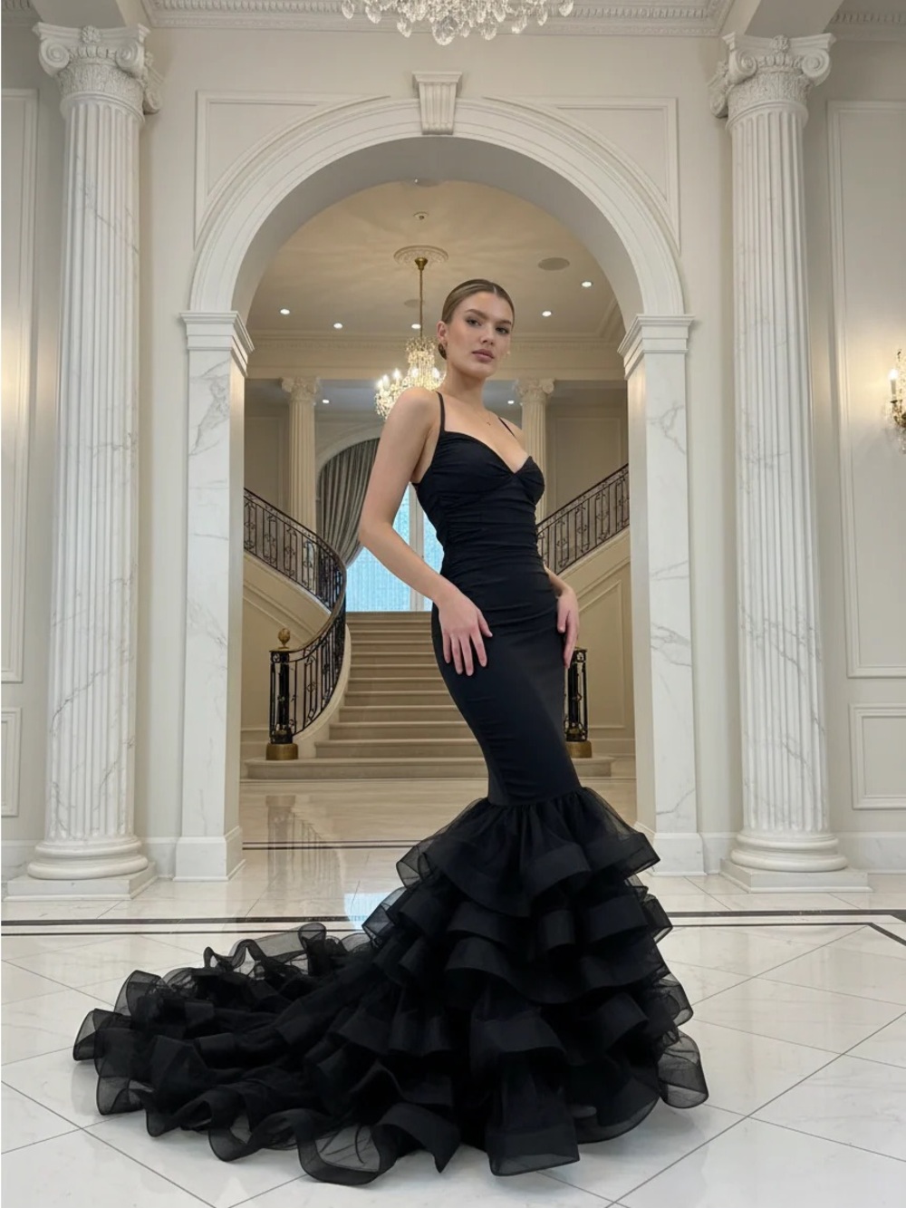Black Ruffled Mermaid Prom Dress with Spaghetti Straps
